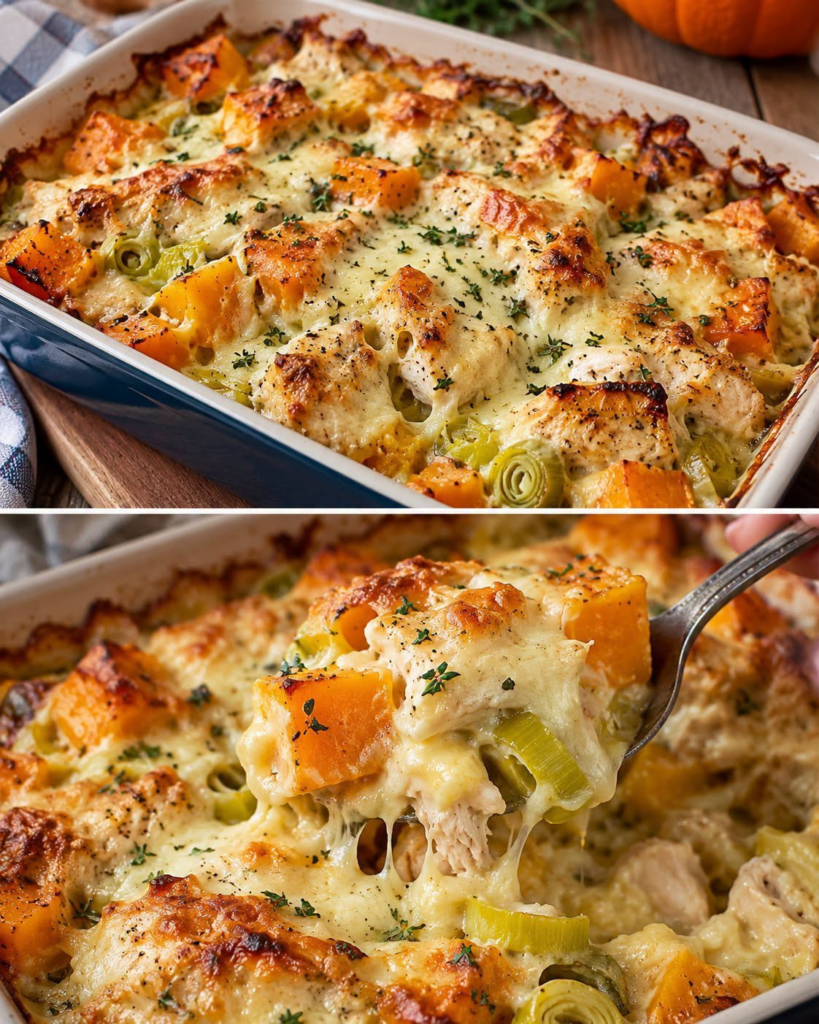 Pumpkin, Leek, and Chicken Fall Casserole with Cheese