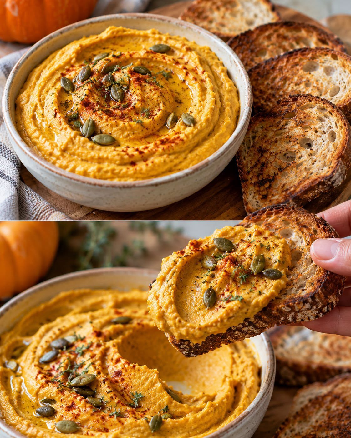 Autumn Pumpkin Hummus with Toasted Bread